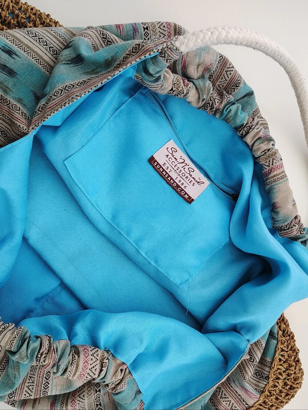 Sun 'N' Sand Boho Ikat Straw Tote Bag Large Turquoise Hobo Rope Handle Beach